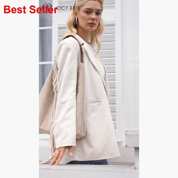 Faux Suede Fringe Blazer Jacket with Lapel Collar Button Front - Picture 7 of 7